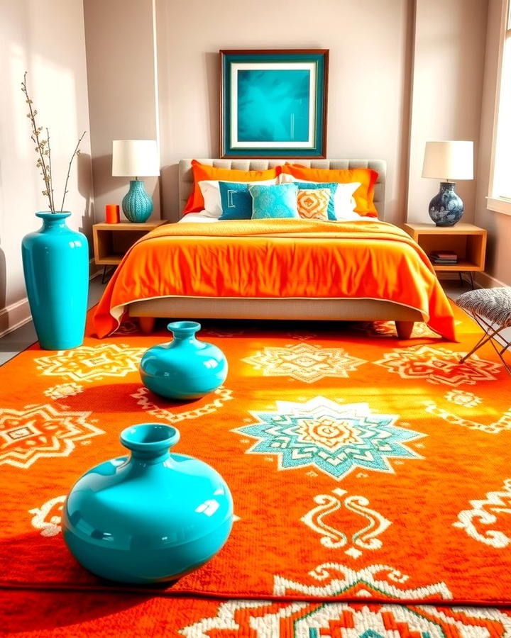 Orange Rug with Teal Accessories - 25 Teal and Orange Bedroom Ideas