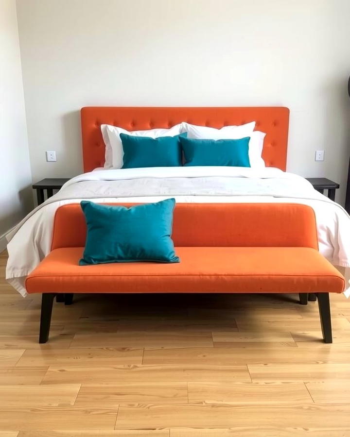 Orange Upholstered Bench with Teal Pillows - 25 Teal and Orange Bedroom Ideas