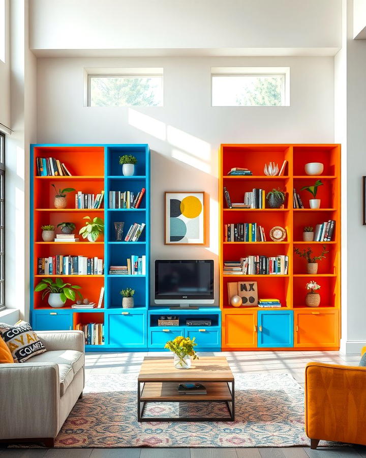 Orange and Blue Bookcases - 25 orange and blue living room ideas