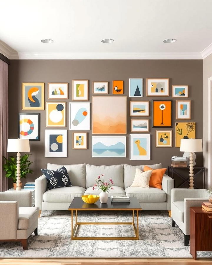 Orange and Blue Gallery Wall - 25 orange and blue living room ideas