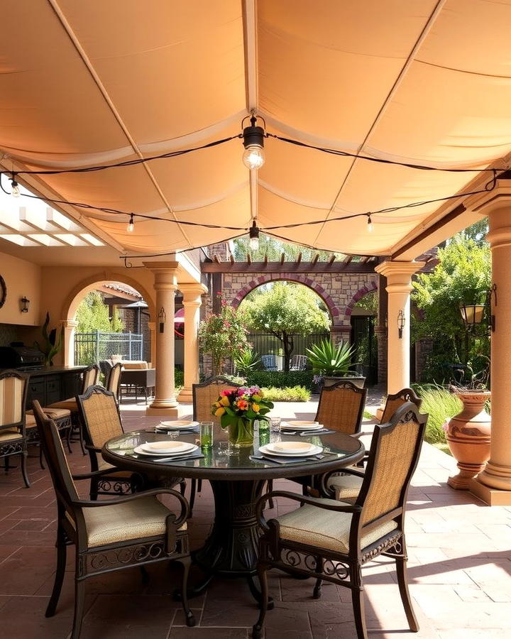 Outdoor Dining Spaces with Canopies - 30 Mediterranean House Exterior Ideas