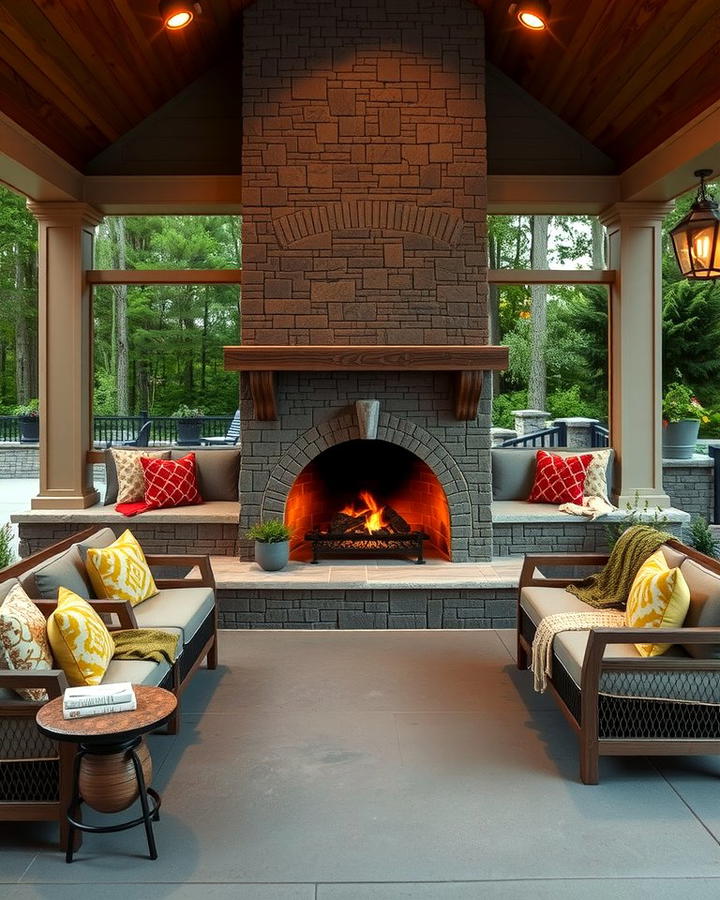 Outdoor Fireplace with Built In Seating - 25 Porch Fireplace Ideas