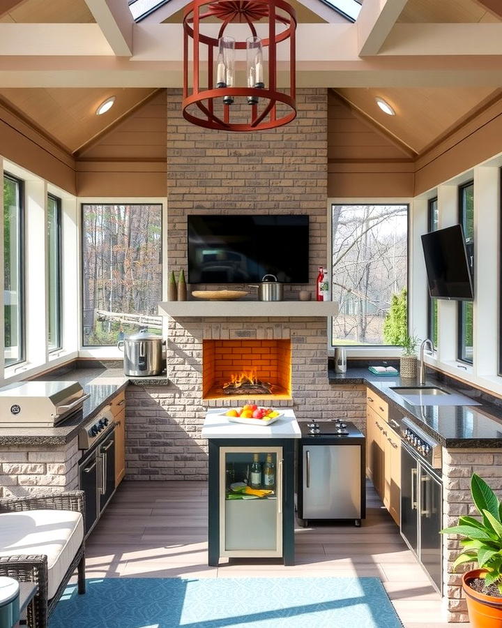 Outdoor Kitchen and Fireplace Combo - 25 Screened-in Porch With Fireplace Ideas