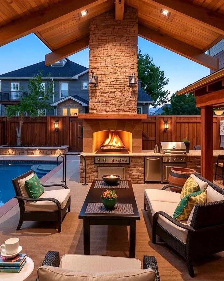 Outdoor Kitchen with Fireplace - 30 Pool House With Outdoor Kitchen Ideas