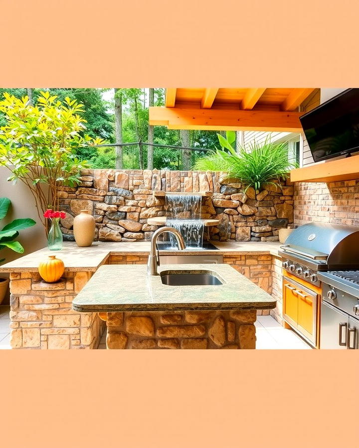 Outdoor Kitchen with Waterfall Feature - 30 Pool House With Outdoor Kitchen Ideas