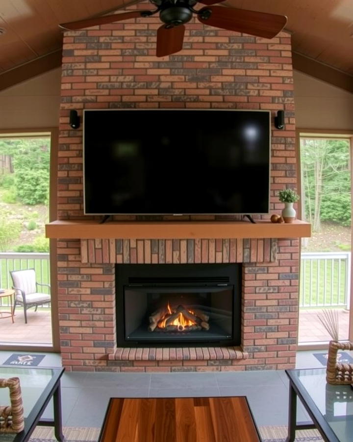 Outdoor TV and Fireplace Combo - 25 Screened-in Porch With Fireplace Ideas