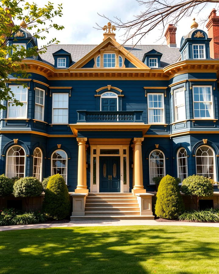 Oxford Blue with Gold Trim - 30 blue exterior house paint ideas