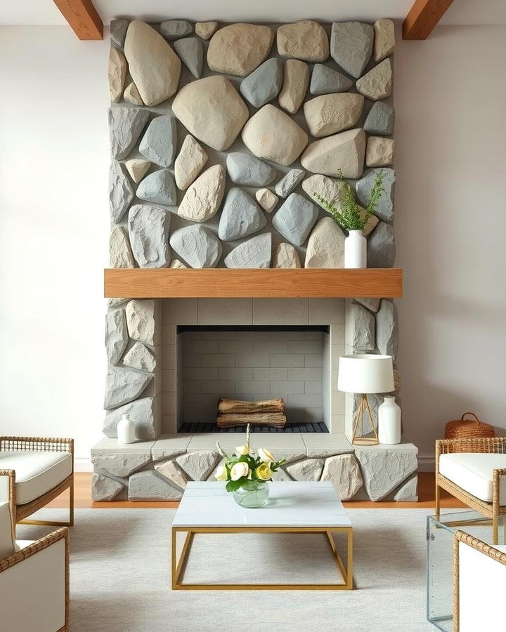 Painted River Rock Fireplace for a Fresh Look - 25 River Rock Fireplace Ideas