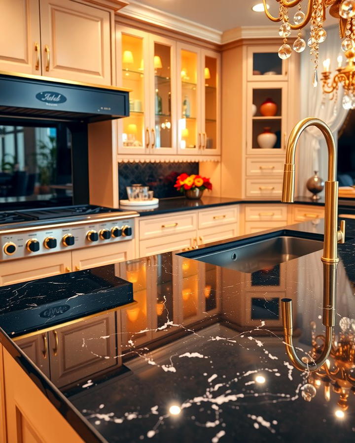 Pairing Black Granite with Gold Accents - 30 Black Granite Countertops Kitchen Ideas