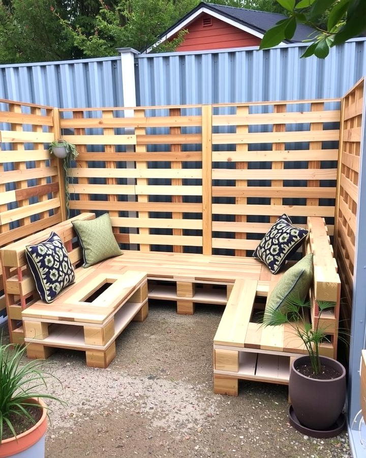 Pallet Fence with Built In Benches - 25 Pallet Fence Ideas