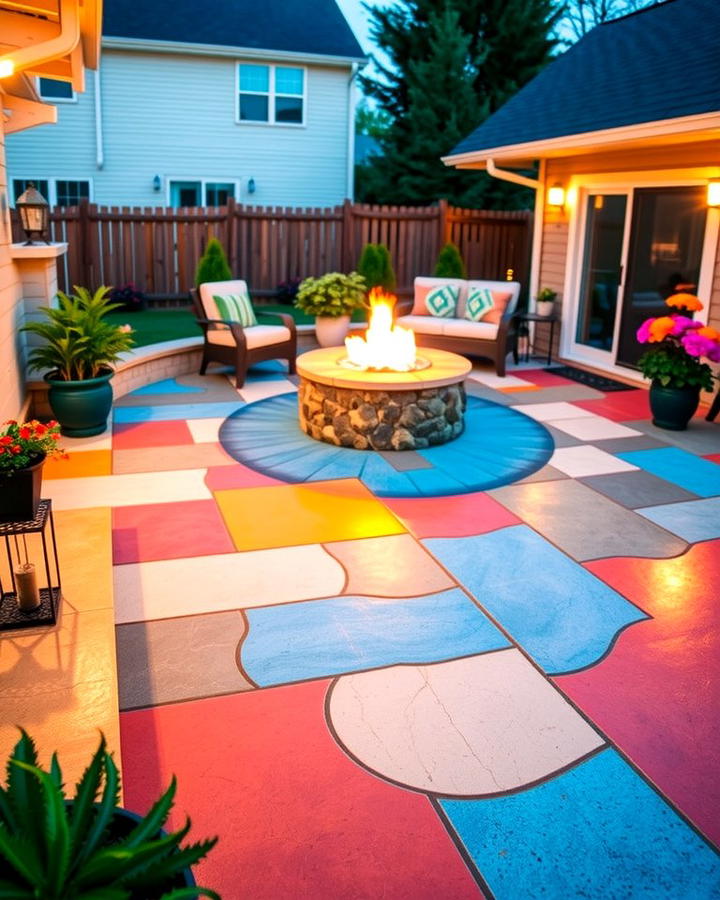 Patio with Color Enhanced Concrete and Fire Feature - 25 Stamped Concrete Patio With Fire Pit Ideas