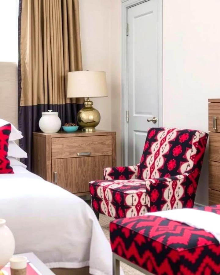 Patterned Accent Chairs - 25 red black and white bedroom ideas