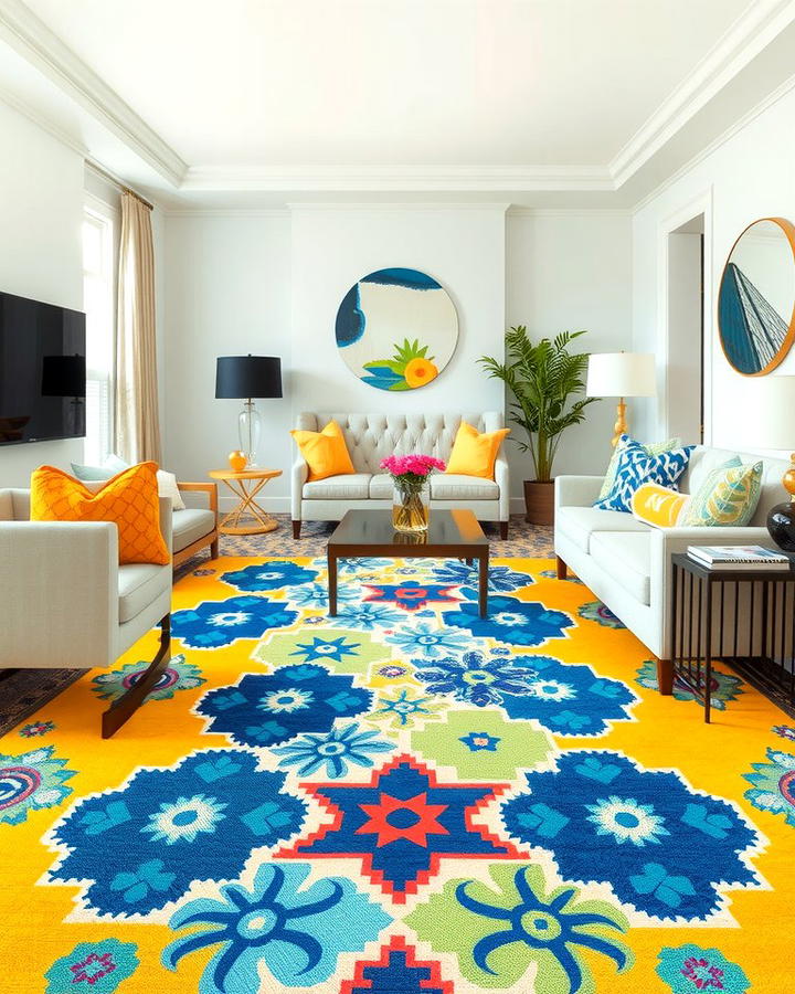 Patterned Rugs Blending Yellow and Blue - 25 Yellow and Blue Living Room Ideas