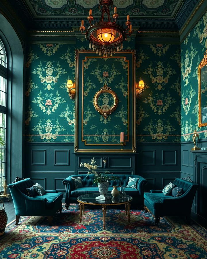 Patterned Wallpaper - 25 Victorian Dark Green Living Room Ideas