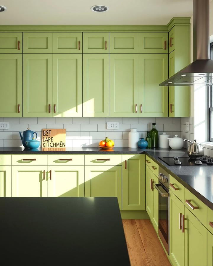 Pear Green Cabinets with Black Solid Surface Counters - 30 Green Kitchen Cabinets With Black Countertops