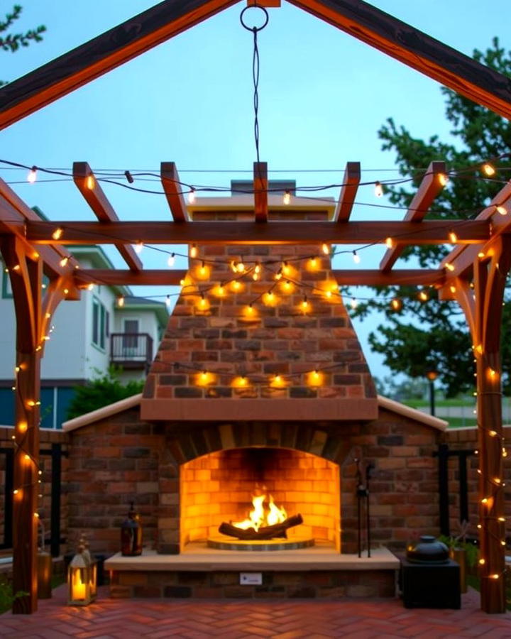 Pergola Covered Fireplace with String Lights - 25 Outdoor Fireplace Ideas