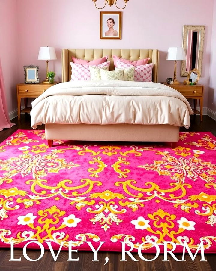 Pink Area Rug with Gold Patterns - 25 Pink and Gold Bedroom Ideas