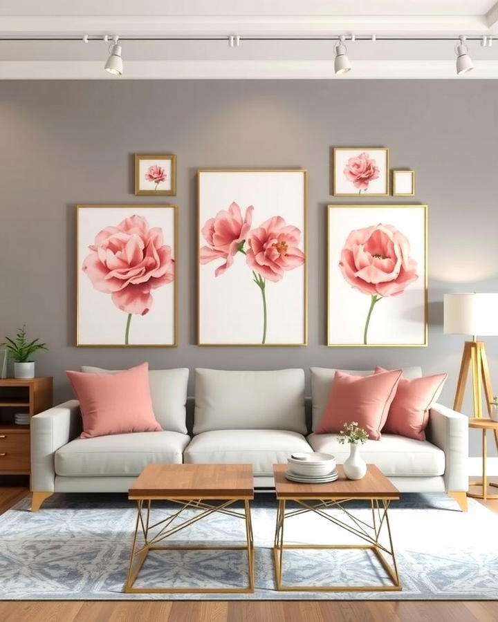 Pink Artwork on Grey Walls - 25 Pink and Grey Living Room Ideas