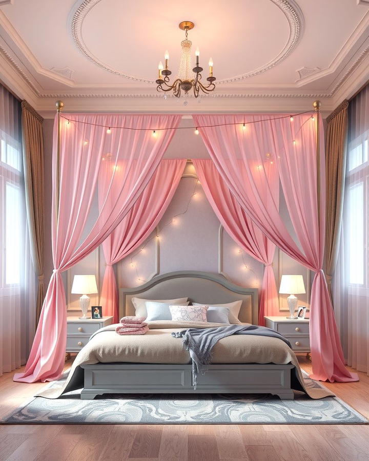 Pink Canopy Bed with Grey Accents - 25 Pink and Grey Bedroom Ideas