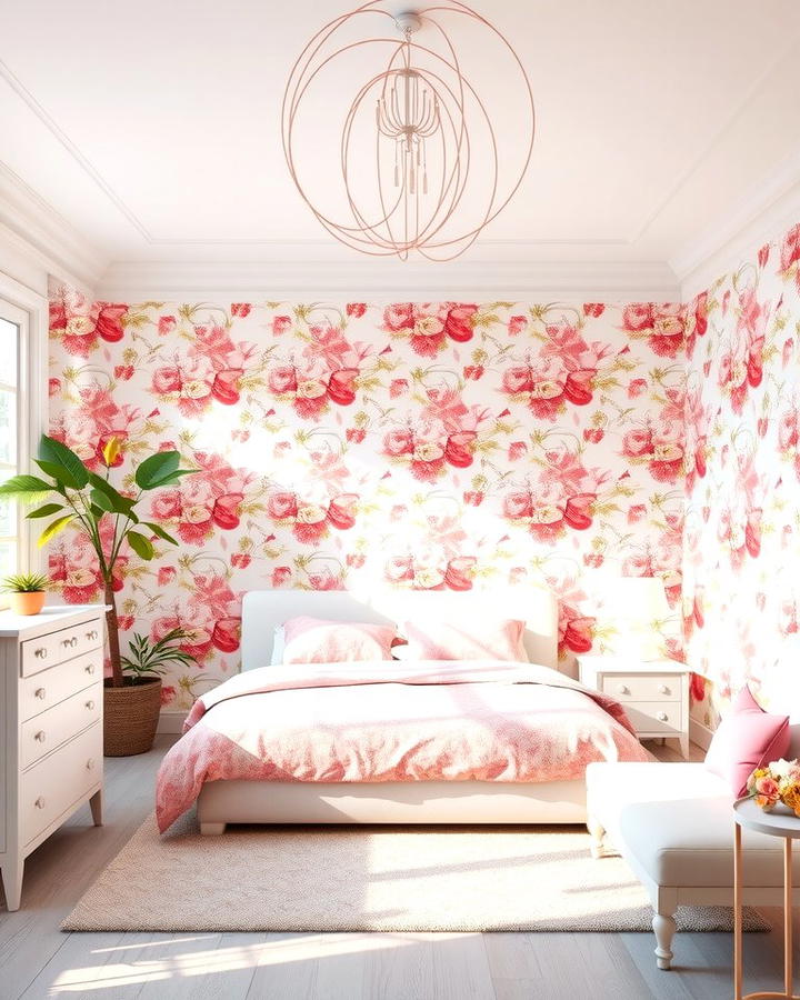 Pink Floral Wallpaper for a Feminine Touch - 25 Pink and White Bedroom Ideas