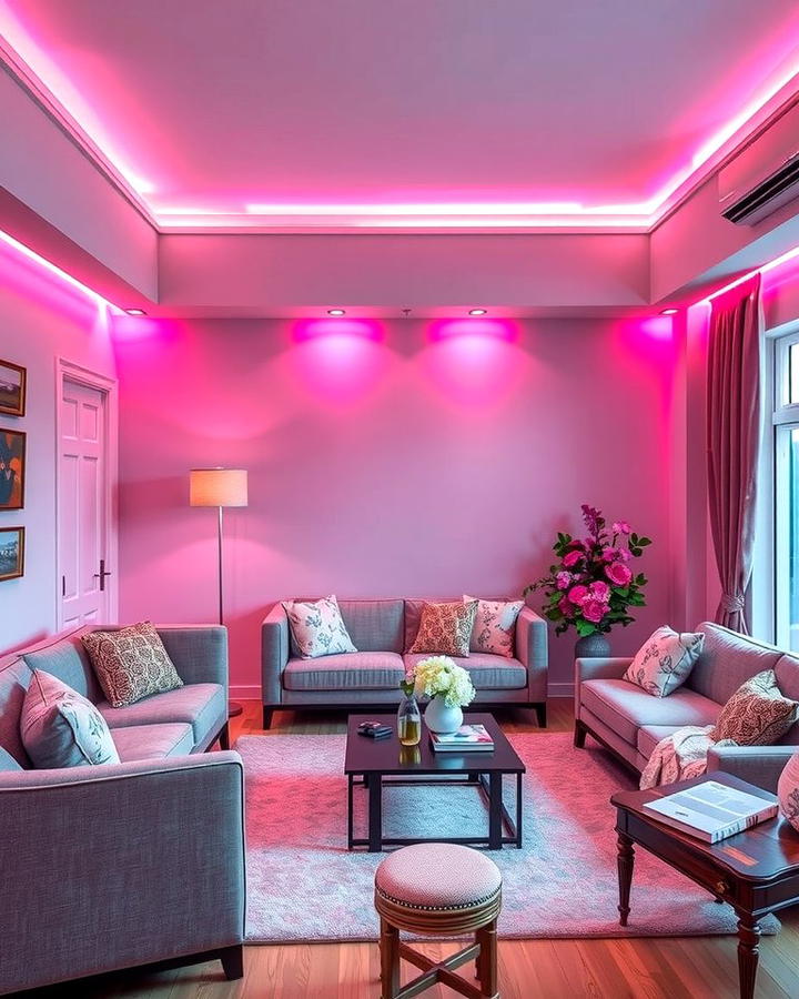 Pink Lighting with Grey Surroundings - 25 Pink and Grey Living Room Ideas