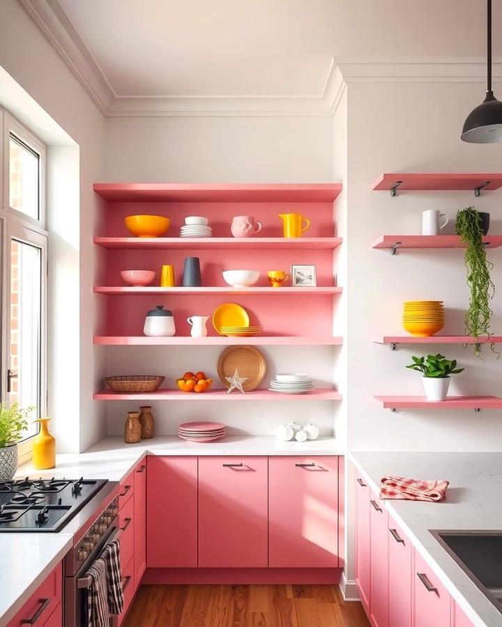 Pink Open Shelving for a Chic Display - 30 Pink Kitchen Ideas