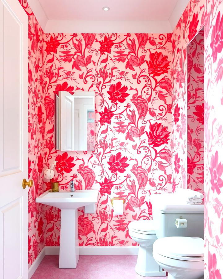 Pink Patterned Wallpaper for Visual Interest - 25 Pink Bathroom Ideas