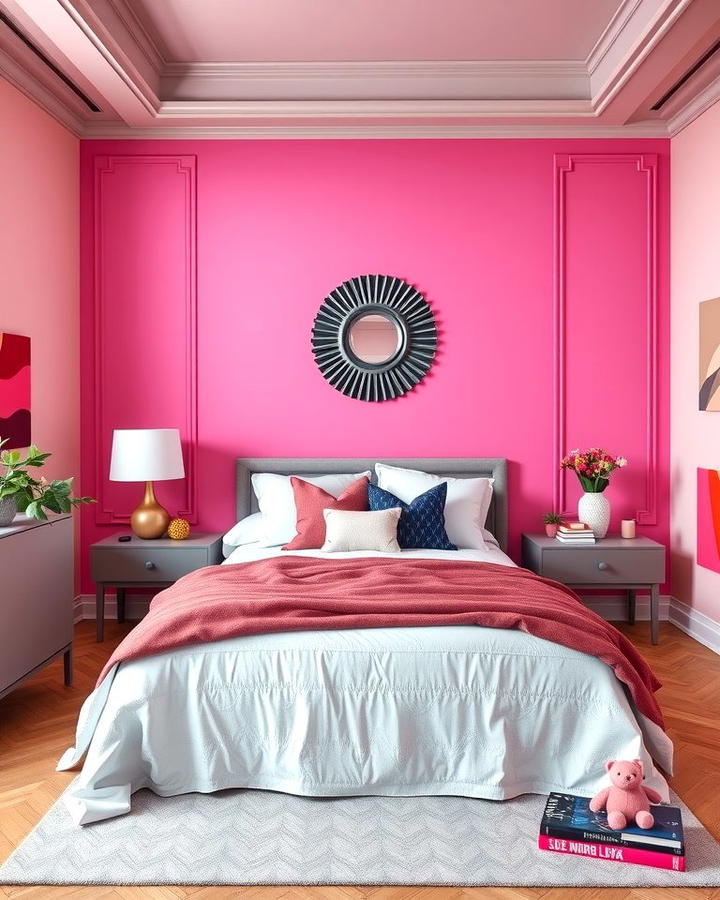 Pink Statement Wall with Grey Decor - 25 Pink and Grey Bedroom Ideas