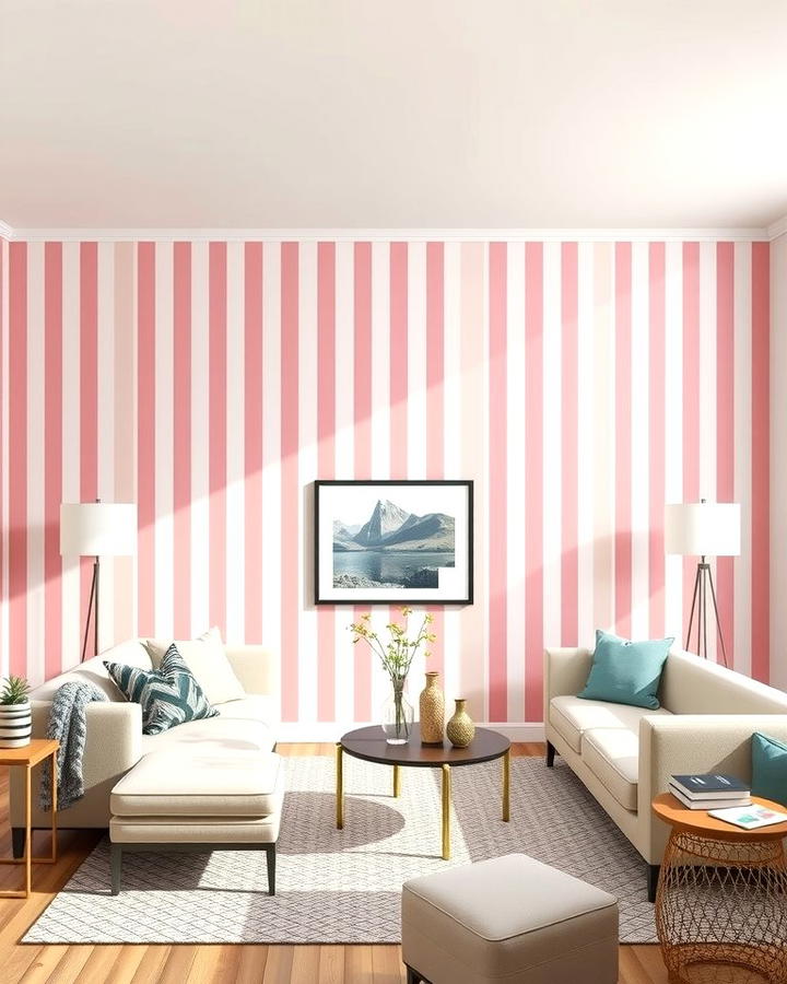 Pink Striped Wallpaper for Visual Interest - 30 Pink Living Room Ideas