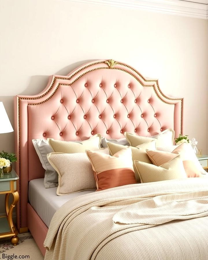 Pink Upholstered Headboard with Gold Trim - 25 Pink and Gold Bedroom Ideas