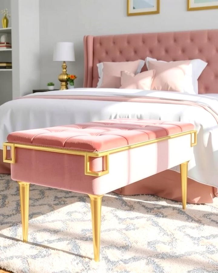 Pink Velvet Bench with Gold Legs - 25 Pink and Gold Bedroom Ideas