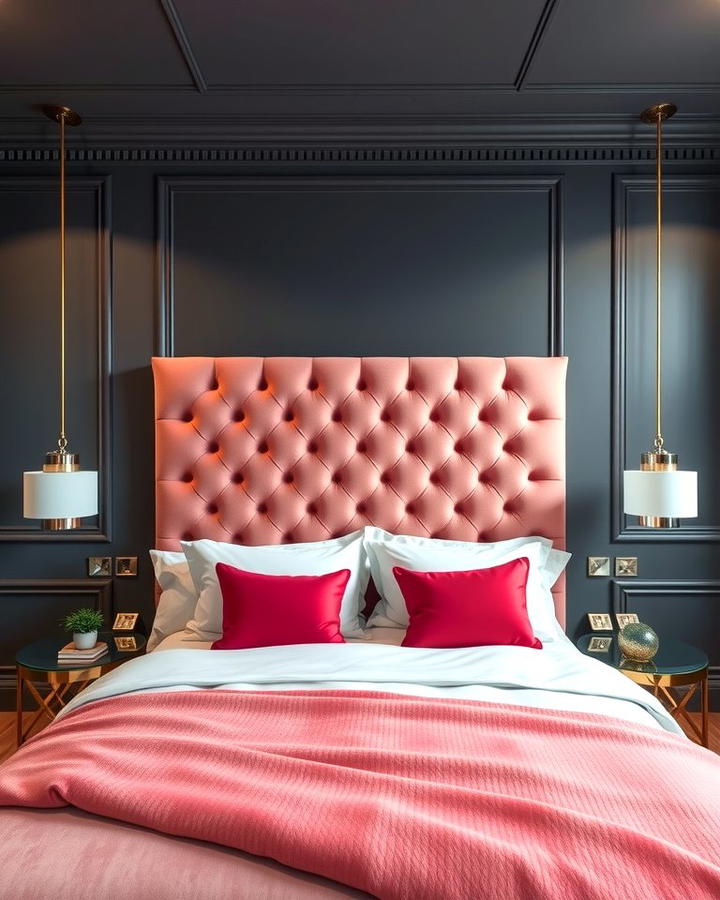 Pink Velvet Headboard with Grey Walls - 25 Pink and Grey Bedroom Ideas