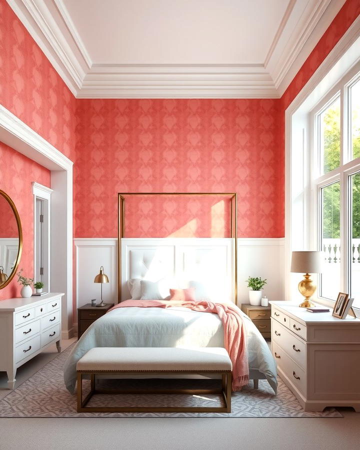 Pink Wallpaper with White Trim - 25 Pink and White Bedroom Ideas