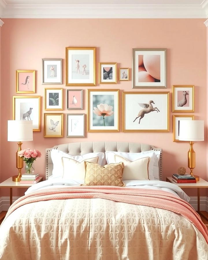 Pink and Gold Gallery Wall - 25 Pink and Gold Bedroom Ideas