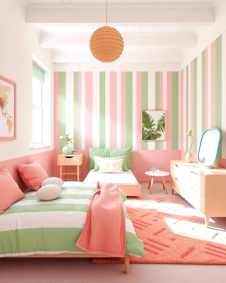 Pink and Green Stripes for Visual Interest - 25 Pink and Green Bedroom Ideas