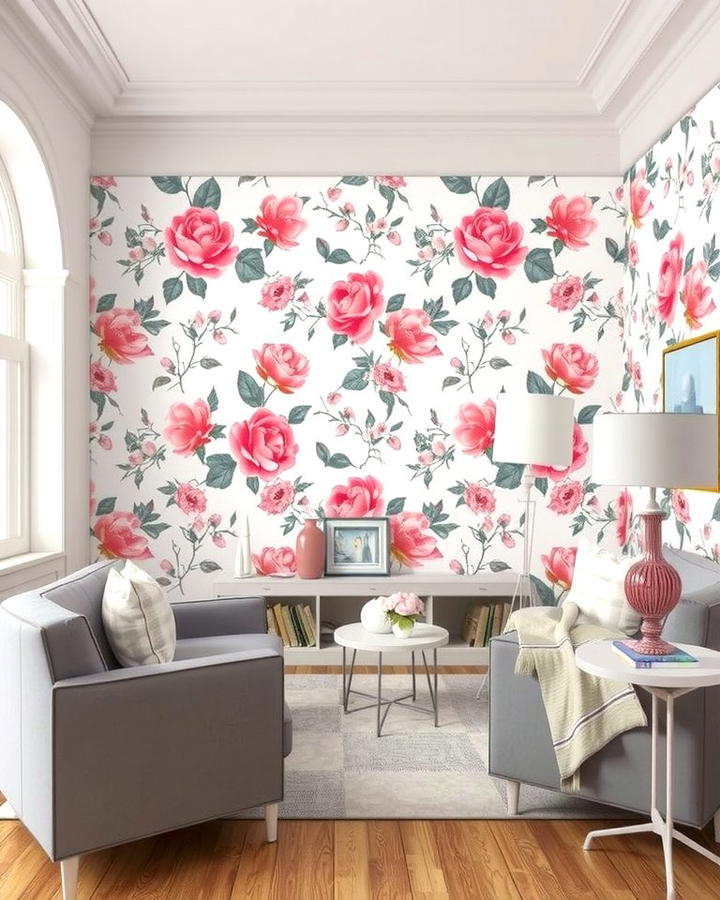 Pink and Grey Floral Wallpaper - 25 Pink and Grey Living Room Ideas