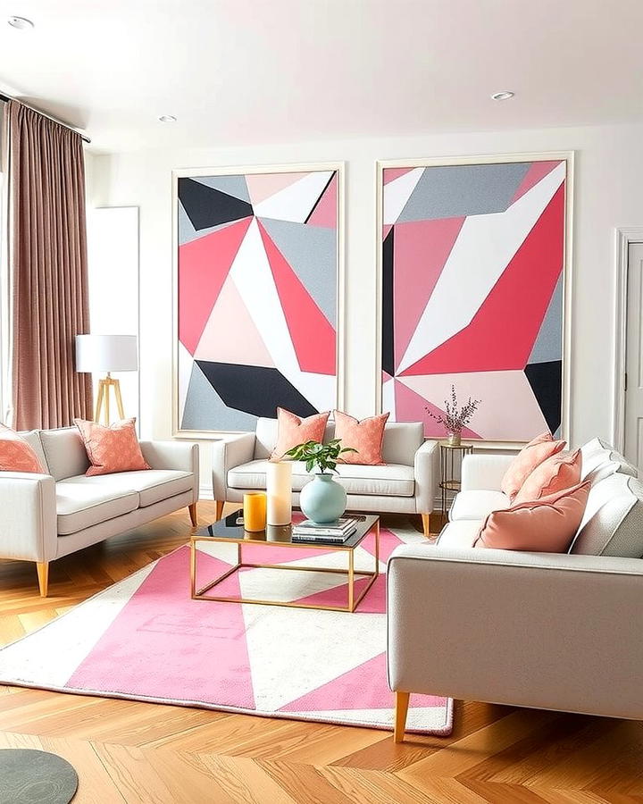 Pink and Grey Geometric Patterns - 25 Pink and Grey Living Room Ideas