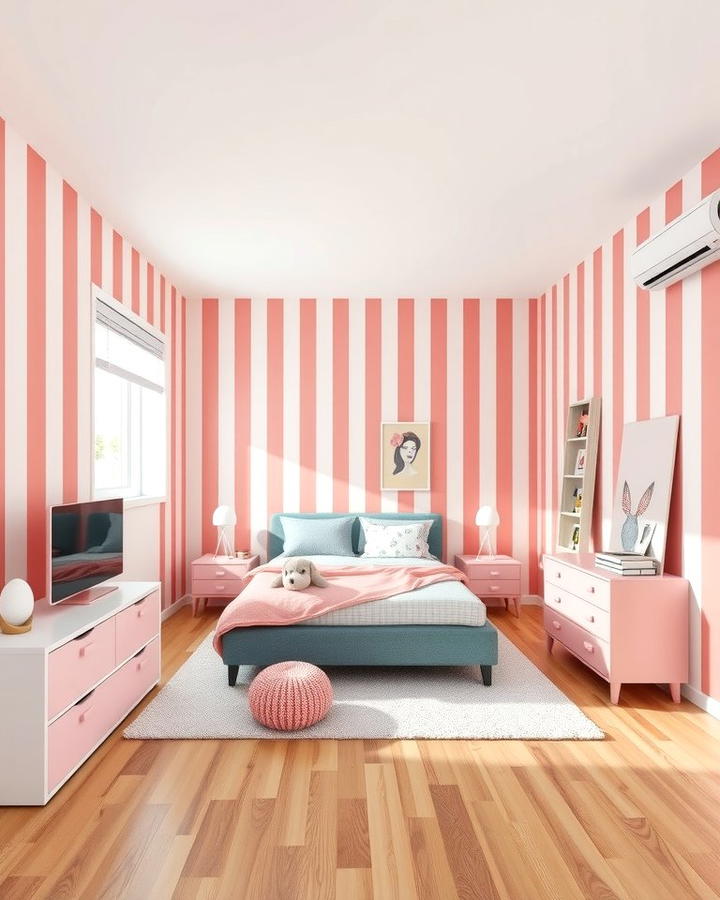 Pink and Grey Striped Walls - 25 Pink and Grey Bedroom Ideas