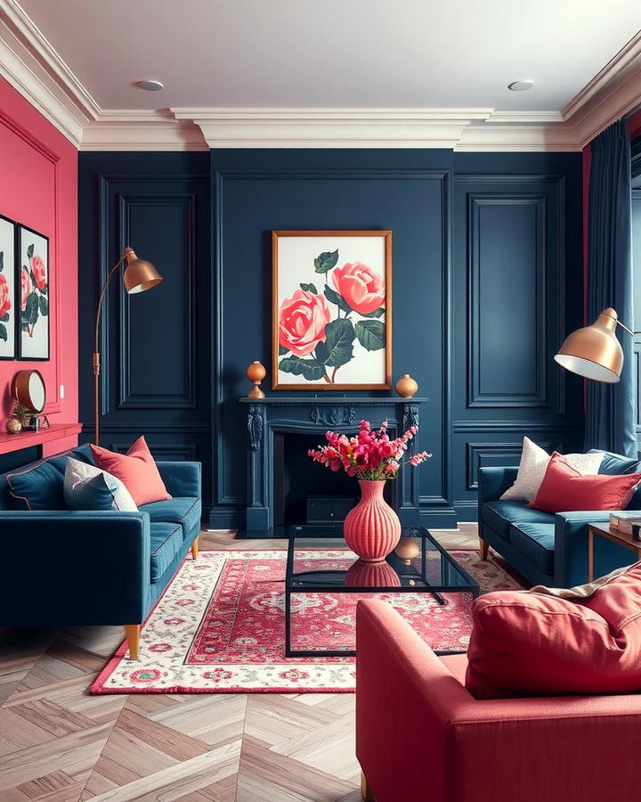 Pink and Navy Contrast - 30 Pink Living Room Ideas