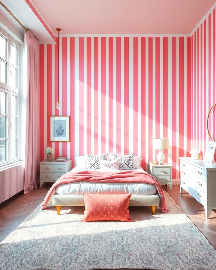 Pink and White Striped Wallpaper - 25 Pink and White Bedroom Ideas