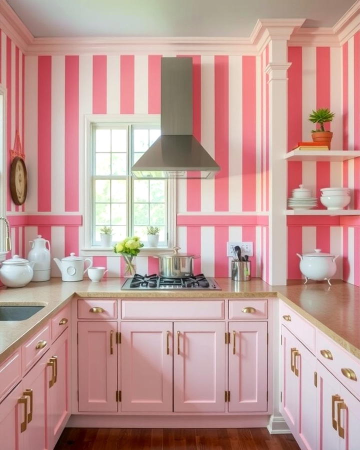 Pink and White Striped Walls - 30 Pink Kitchen Ideas