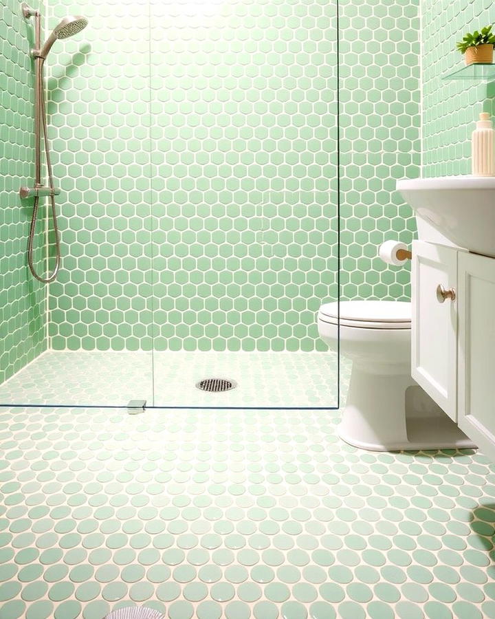 Pistachio Green Penny Tiles - 30 Green Bathroom Tile Ideas