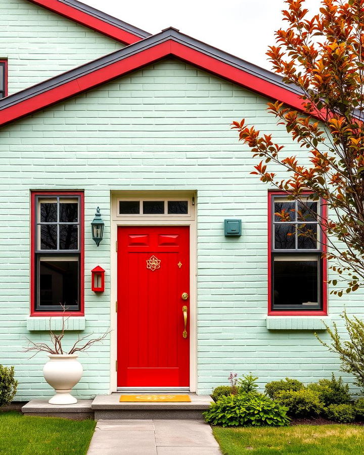 Pistachio Green with Bold Red Door - 30 Green Brick Exterior Home Ideas