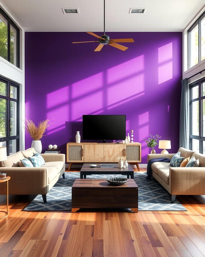 Purple Statement Wall - 25 Purple Living Room Ideas