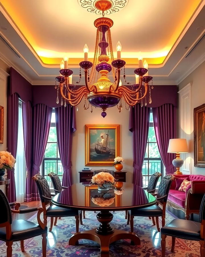 Purple and Gold Chandeliers - 25 Purple Dining Room Ideas