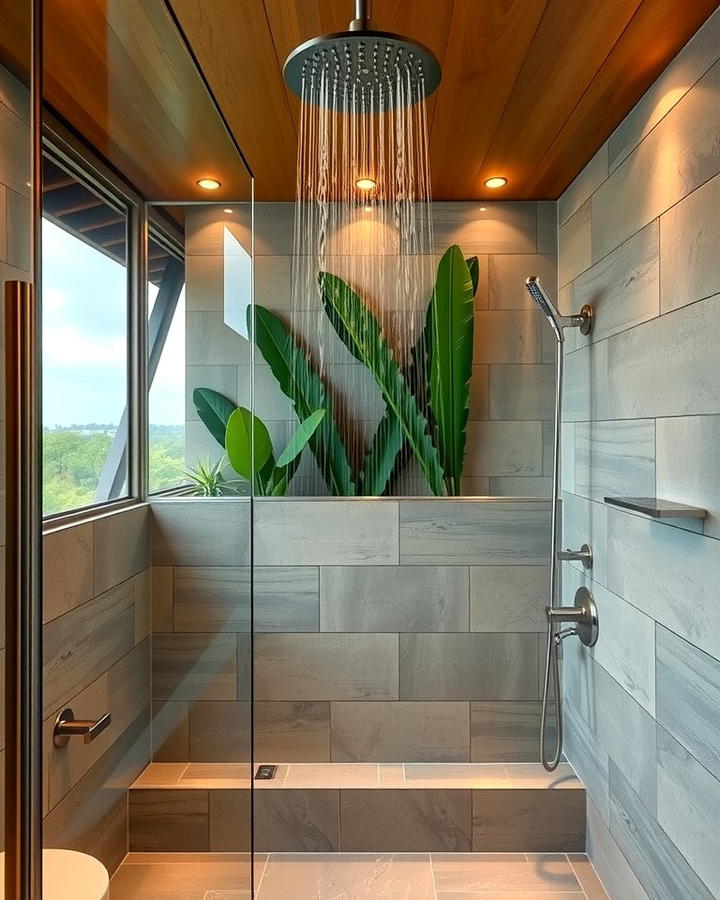 Rainfall Showerhead for a Spa Experience - 25 Tropical Bathroom Ideas