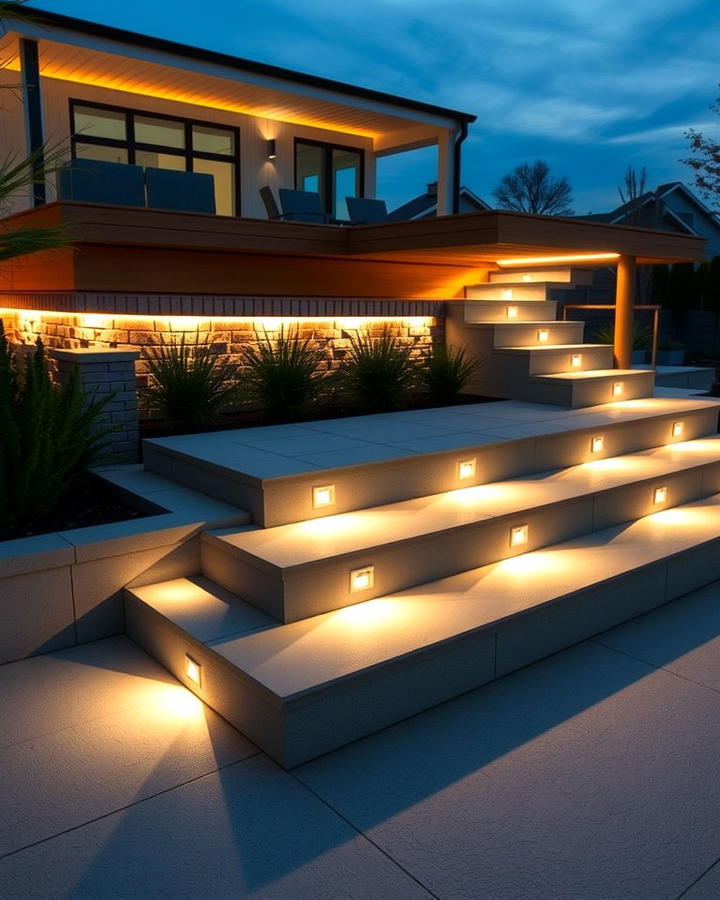 Raised Patio with Accent Lighting Under Steps - 25 Raised Concrete Patio Ideas