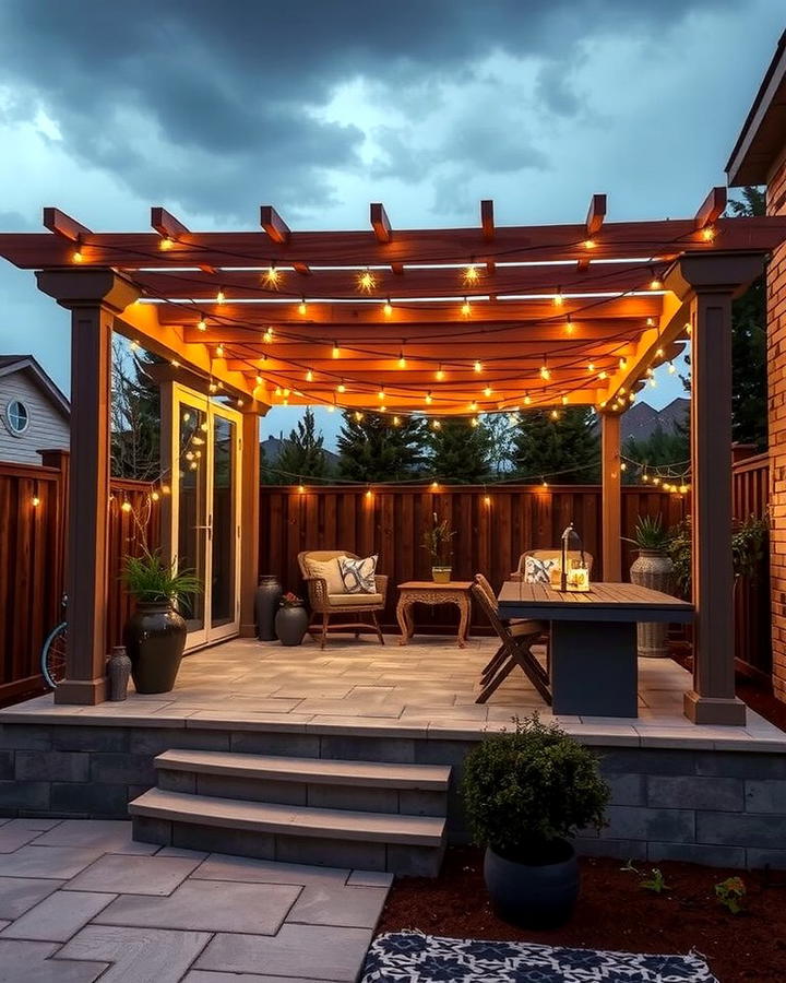 Raised Patio with Pergola and String Lights - 25 Raised Concrete Patio Ideas