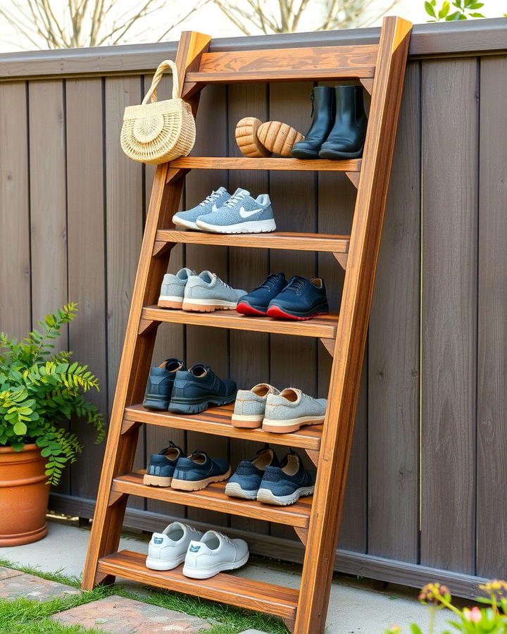 Reclaimed Ladder Shoe Rack - 25 Outdoor Shoe Storage Ideas