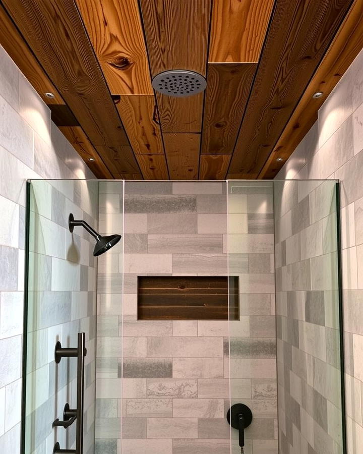 Reclaimed Wood Ceilings for Authenticity - 25 Rustic Walk-in Shower Ideas